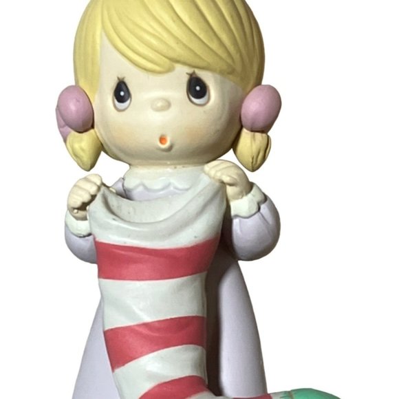 1995 Enesco Precious Moments - Girl Holding Red/ White Stocking Figurine #169951 - Picture 2 of 11
